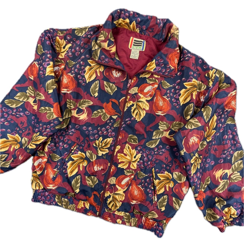 EVR Vintage Fruit Floral Windbreaker Jacket Size S Farmer Bomber 90s Earthy Fall